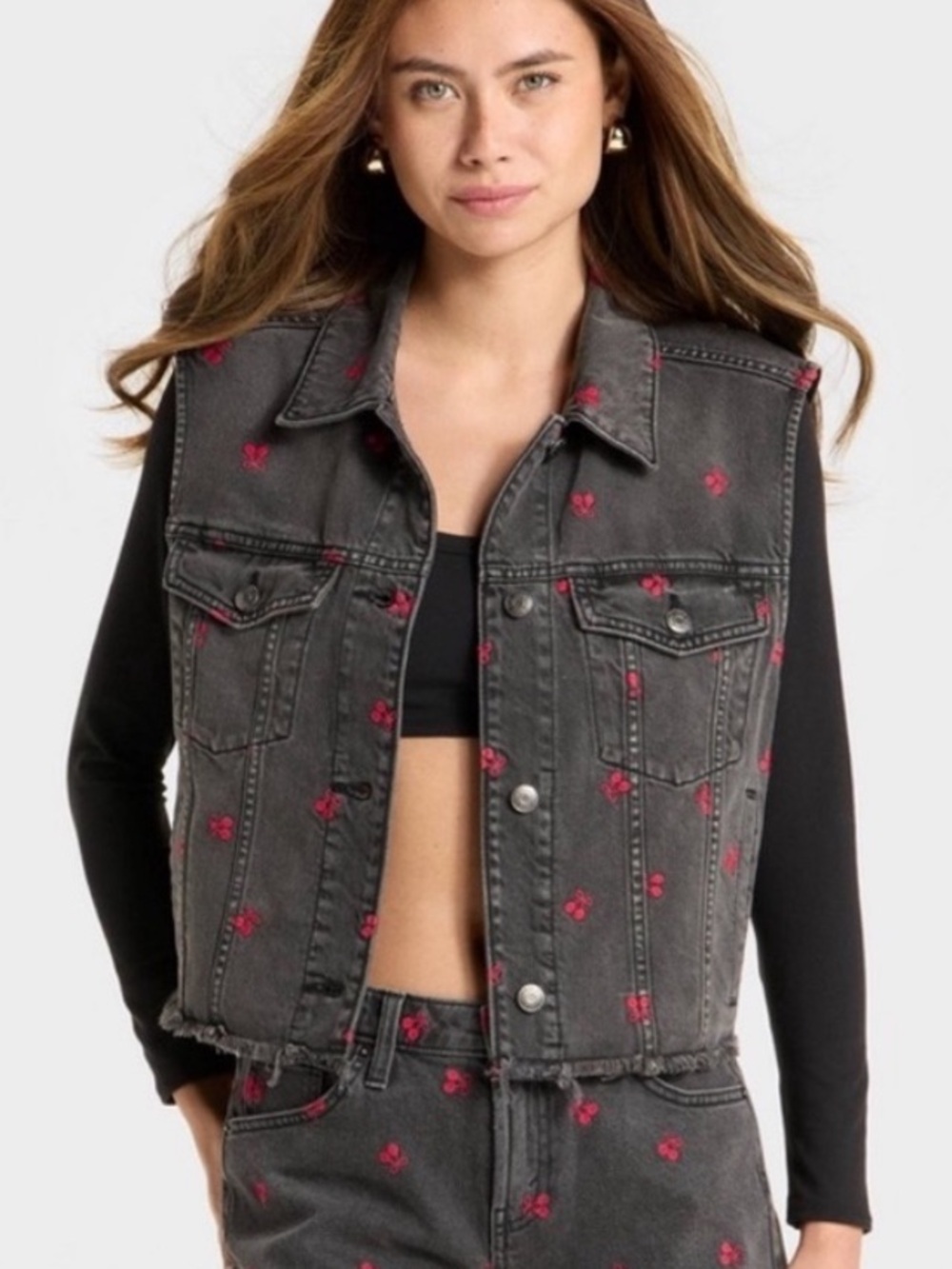 wild fable Charcoal Denim Vest with Red Cherry Embroidery Coastal Cowgirl Grunge